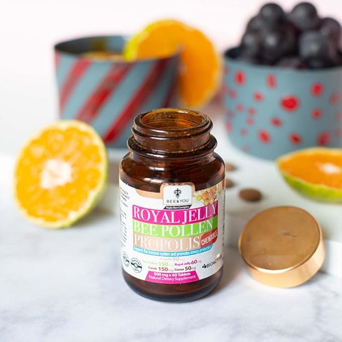 BEE and You Royal Jelly + Propolis + Bee Pollen Chewable Tablets - High Potency - No Artificial Flavor/Preservatives - No Added Sugar- No Soy/Milk/Gelatin/GMO/Gluten, 500 mg x 60 Tablets