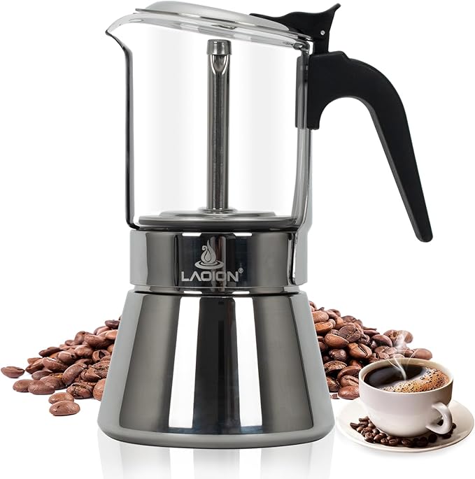 Stovetop Espresso Maker, 6Cup 240ml Classic Moka Pot, Crystal Glass-top & Stainless Steel Coffee Maker Mocha Pot, Greca De Cafe, Cuban and Italian Coffee Maker for Cafetera Cubana