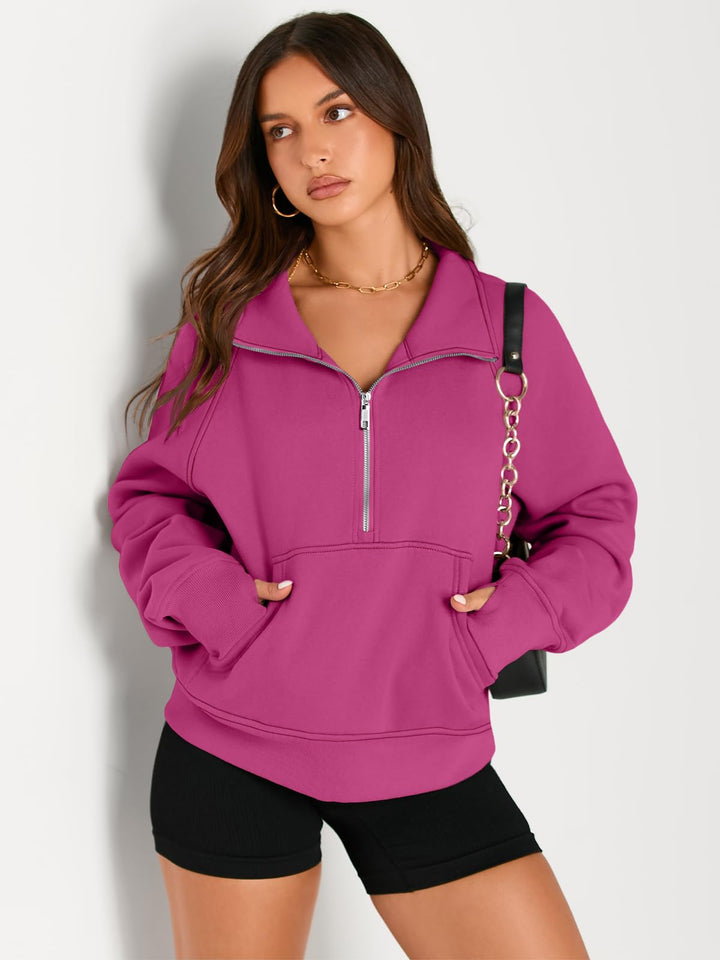 AUTOMET Womens Sweatshirts Long Sleeve Tops Hoodies Shirts Half Zip Pullover Cropped Oversized 2024 Fall Fashion Outfits Sweaters Hotpink