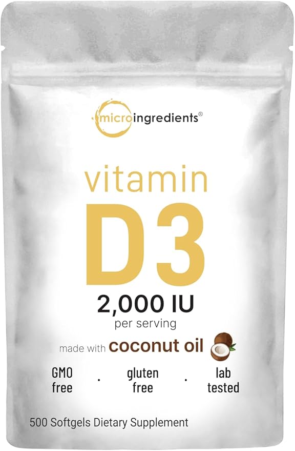 Vitamin D3 2,000 IU | 500 Softgels with Virgin Coconut Oil for Better Absorption | Vitamin D Supplement as Cholecalciferol | Supports Calcium Absorption, Bone, Immune, & Heart Health