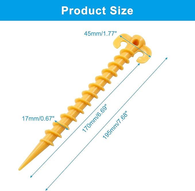 8 Pcs Plastic Tent Stakes, 8 Inch Heavy Duty Screw Stakes for Camping, Backpacking, Gardening, Yellow