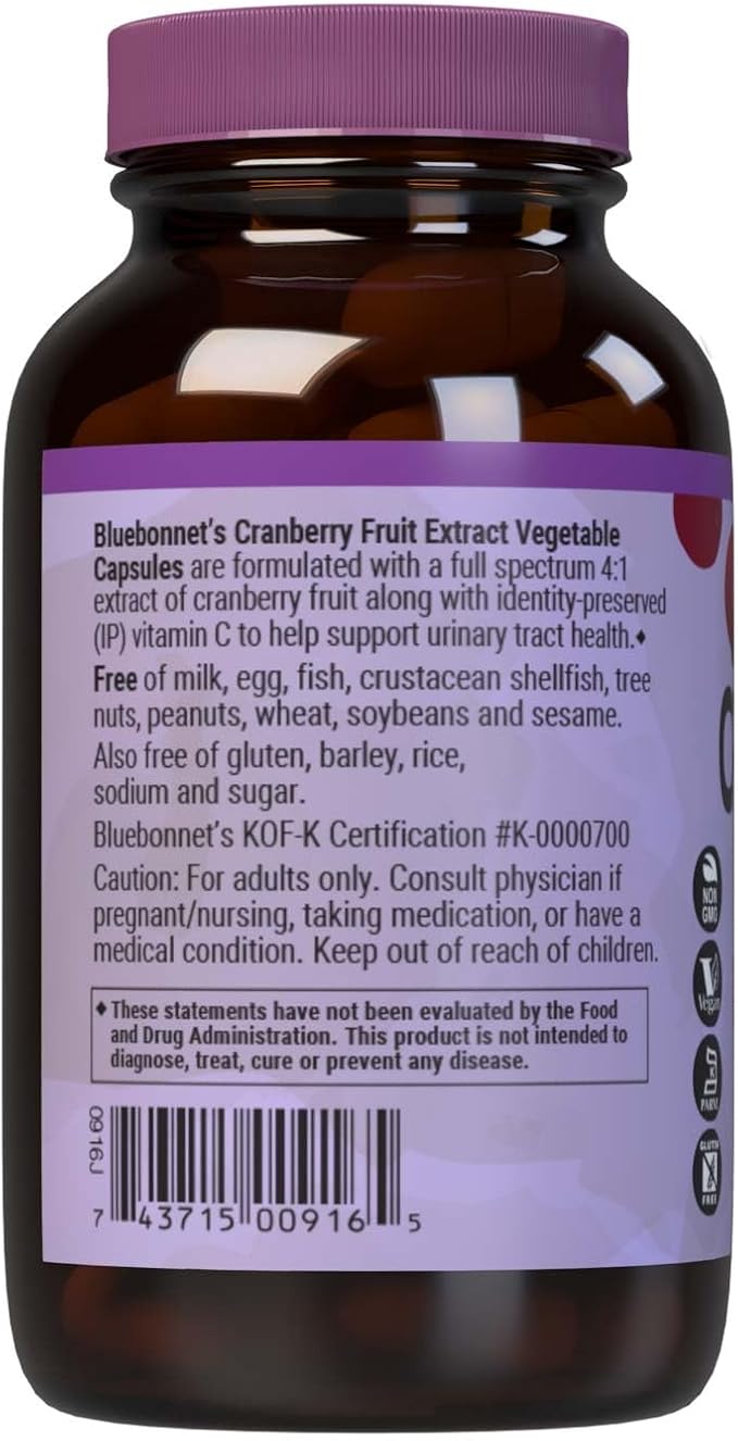 Bluebonnet Nutrition Cranberry Fruit Extract, Urinary Tract Support*, Non-GMO, Kosher-Certified, Vegan, Gluten-Free, Soy-Free, Dairy-Free, 60 Vegetable Capsules, 60 Servings