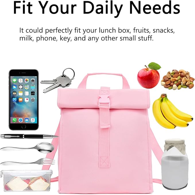 Insulated Lunch Bag for Men/Women/Kids, Roll top Reusable Lunch Box with Adjustable Shoulder Strap, Thermal Lunch Cooler Tote Container for Adults/Teens School Work Office Picnic,Pink