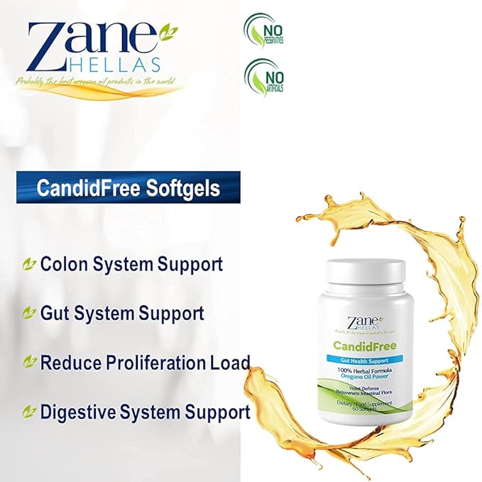 Zane Hellas Candidfree Softgels. Oregano Oil Power. Candida Support. Gut Health Support. Colon Health Support. Intestinal Flora Support. 100% Herbal Solution. 120 Softgels. Pack of 2