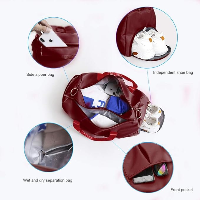 Blackwheel Sports Gym Bag With Shoe Bag Wet Bag Duffle Bag Waterproof Travel Bag for Women Cute Gym Bag Wine-Red 29L