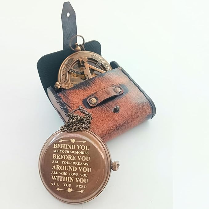 Behinde You Engraved Sundial Compass with Leather case. We Walk by Faith Not by Sight Corinthians 5:7 Compass. Personalized Brass Pocket Compass Gifts for Men, Him, Son