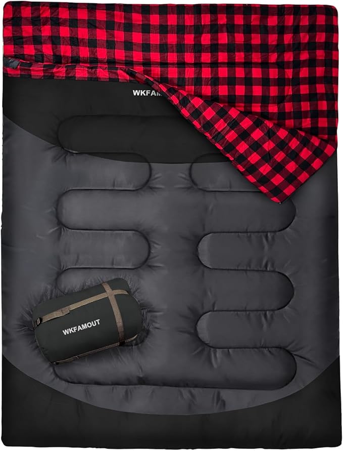 Cotton Flannel Double Sleeping Bag for Adults Machine Washable 2 Person Camping Sleeping Bag Queen Size Waterproof with Compression Sack for Cold Weather 3-4 Seasons