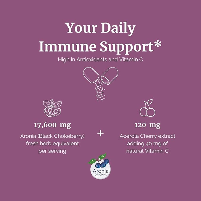 Aronia Berry Capsules Organic (60 Servings) | 17,600 mg Fresh Aronia Berries Equivalent & 120 mg Acerola Cherry Extract per Serving | High in Vitamin C & Antioxidants | Black Chokeberry Supplement