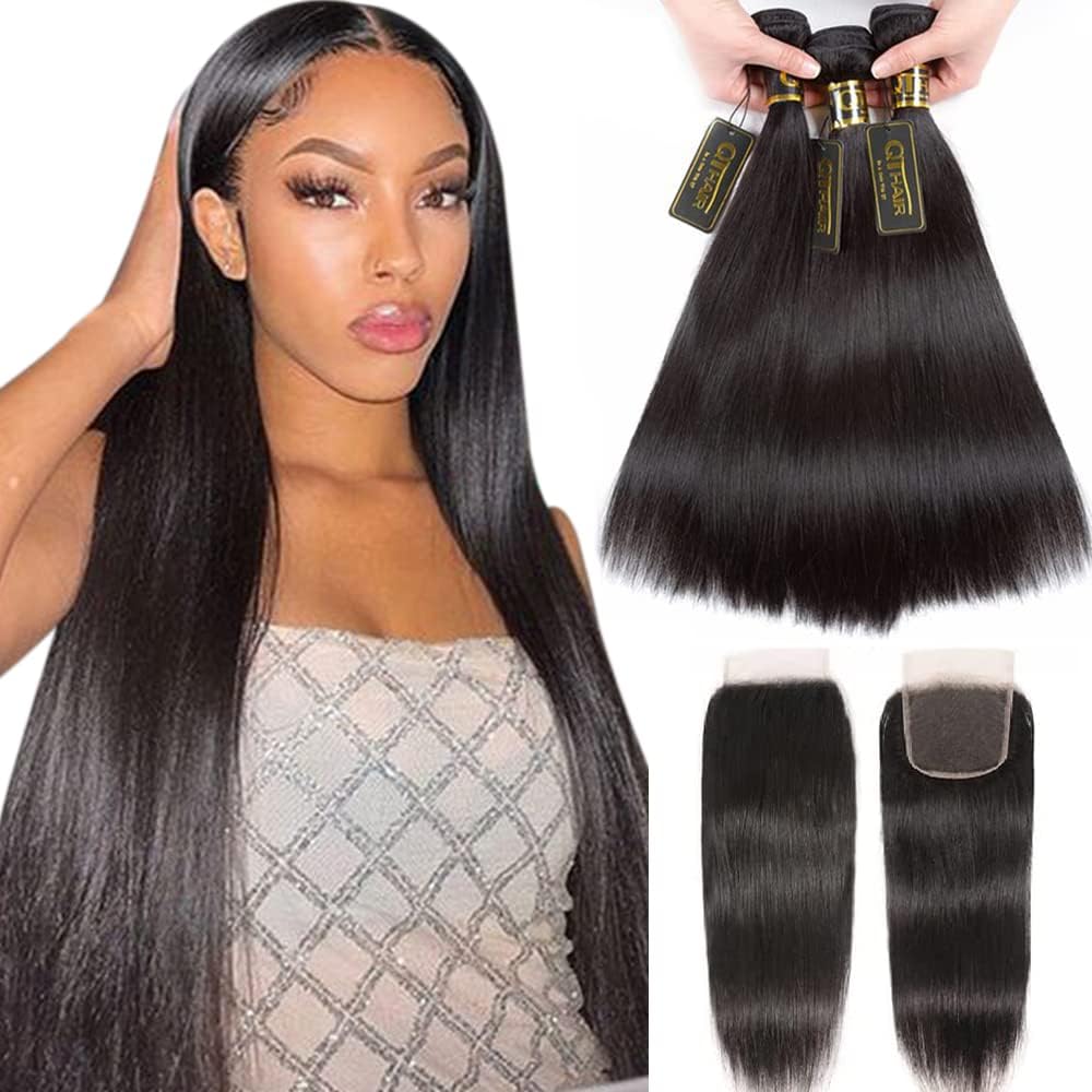 QTHAIR 14A Brazilian Hair Straight Human Bundles with Transparent Hd Lace Closure(16 18 20+14,Natural Black) 100% Unprocessed Human Hair with Swiss Lace Closure Brazilian Straight Weave Hair