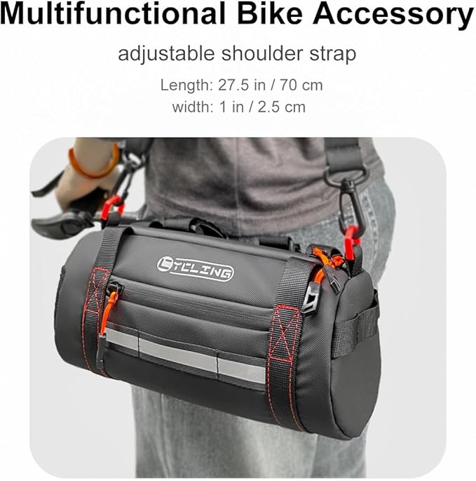 Bike Handlebar Bag, Waterproof Bicycle Front Roll Bag with Reflective Area, Cycling Storage Pouch with Waterproof Zipper Shoulder Strap Removable Straps for Road Mountain E-Bikes