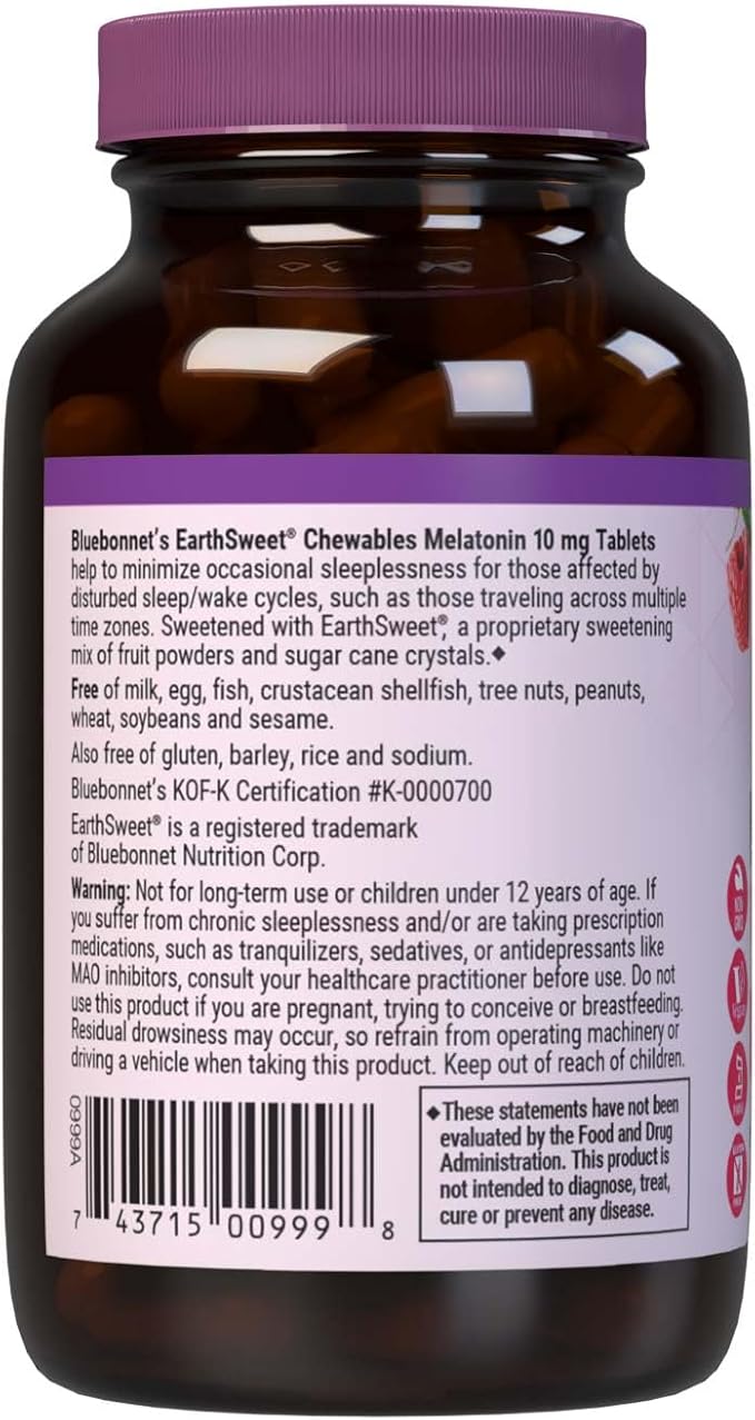 BlueBonnet Nutrition EarthSweet Melatonin 10 mg Fast-Acting Quick Dissolve Nighttime Relaxation & Restful Sleep Support - Sleep Aid - Gluten-Free, Vegan - Raspberry Flavor - 120 Chewable Tablets