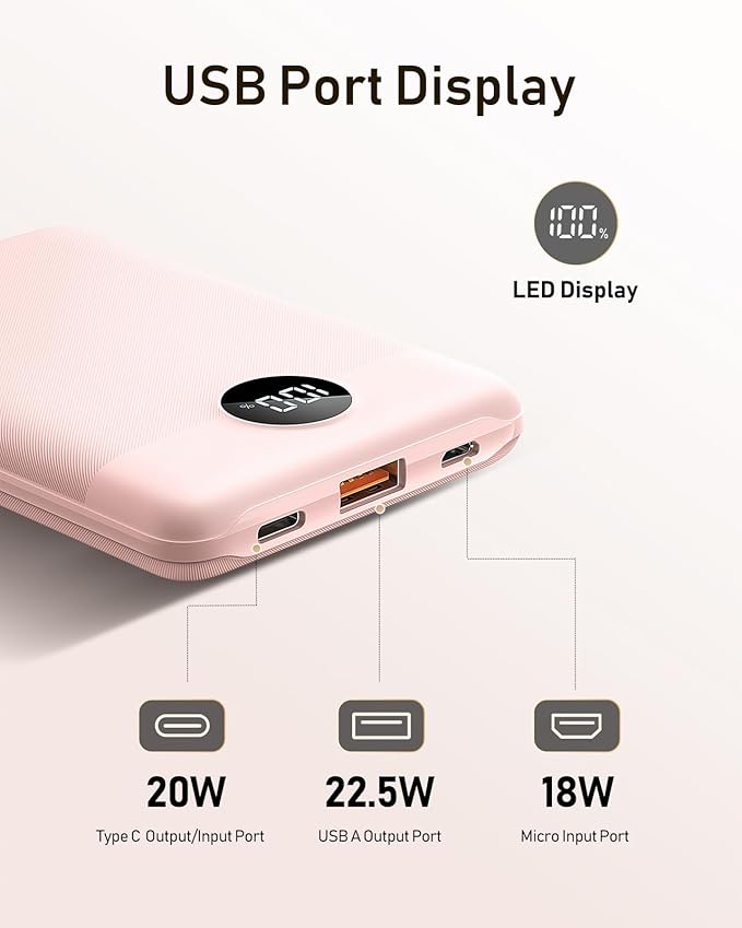 VEEKTOMX Mini Power Bank 10000mAh, 22.5W Fast Charging Small Portable Charger with PD 3.0 & QC 3.0, USB C Slim Lightweight iPhone Charger, Dual Output Compatible with iPhone Samsung, Travel Must Haves