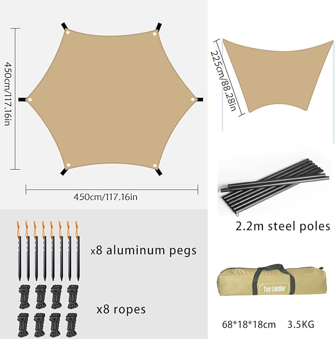 15ft x 15ft Camping Tarp Shelter with Poles Large Tent Tarp Waterproof Rain Fly for Hammock Cover Bushcraft Picnic Backpacking Outdoor Survival