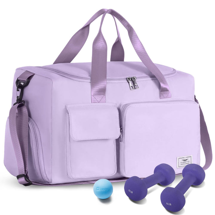 FIORETTO Women's Water-Resistant Gym Duffle Bag with Shoes Compartment, 37L Capacity, Multi-Functional, Ideal for Travel, Gym, Sports, Weekender, Light Purple