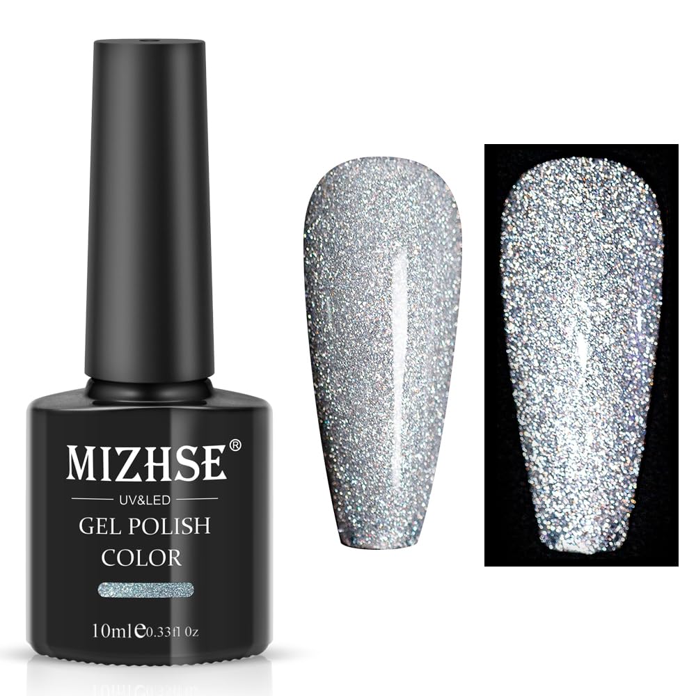 Mizhse Reflective Glitter Gel Nail Polish, Silver Nail Gel Sparkly Shiny Gel Polish, Soak Off Nail Art Salon Varnish For Beginne