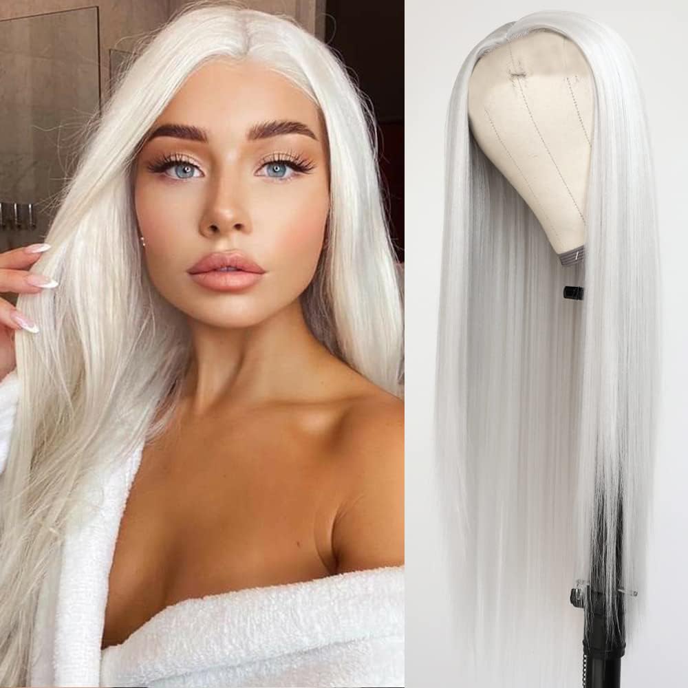 QD-Tizer Platinum White Hair Wig Long Straight Hair Wigs Natural Hairline Heat Resistant Synthetic T Part Lace Wigs for Fashion Women Platinum Blonde Synthetic Wig