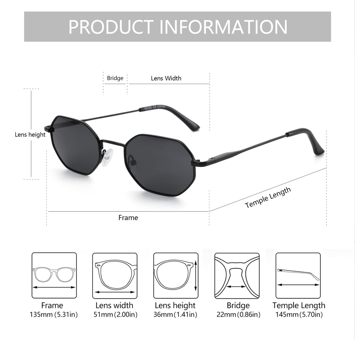 ZENOTTIC Small Octagonal Polarized Sunglasses for Women Men Hippie Metal Frame Retro Rectangle Sun Glasses