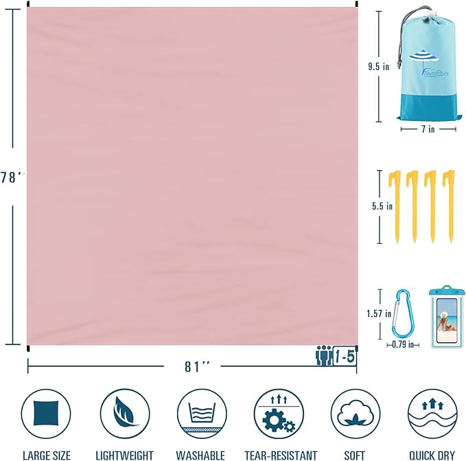 Beach Blanket Sandproof Waterproof 78''×81''1-5 Adults Oversized,Compact Lightweight Durable Beach Mat for Travel Camping Hiking Picnic Blanket