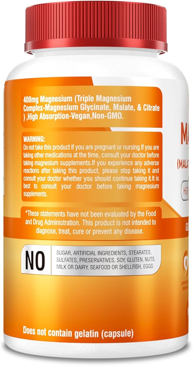 Airboy Magnesium Mineral Supplements Triple Magnesium Complex Supplement, 400mg of Magnesium Glycinate, Malate, Citrat, High Absorption Support Sleep, Muscle, and Relaxation,120 Vegan Capsules