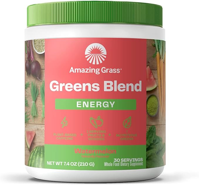 Amazing Grass Greens Blend Energy: Smoothie Mix, Super Greens Powder & Plant Based Caffeine with Matcha Green Tea & Beet Root Powder, Watermelon, 30 Servings (Packaging May Vary)