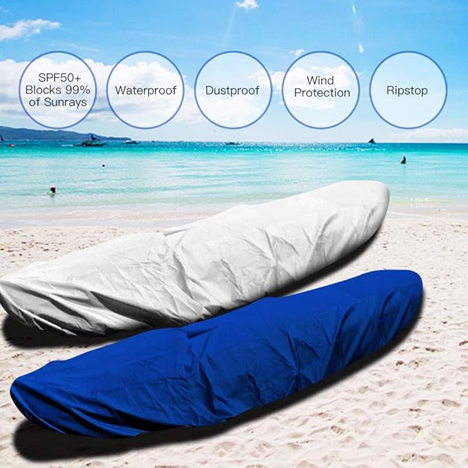 GYMTOP 7.8-18ft Waterproof Kayak Cover - Storage Dust Cover UV Protection Sunblock Shield for Fishing Boat/Kayak/Canoe 7 Sizes [Light Blue(Upgraded), Suitable for 12.3-13.5ft Kayak]