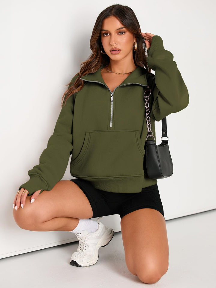 AUTOMET Womens Sweatshirts Half Zip Cropped Pullover Fleece Quarter Zipper Hoodies 2024 Fall Fashion Outfits Clothes Thumb Hole Armygreen