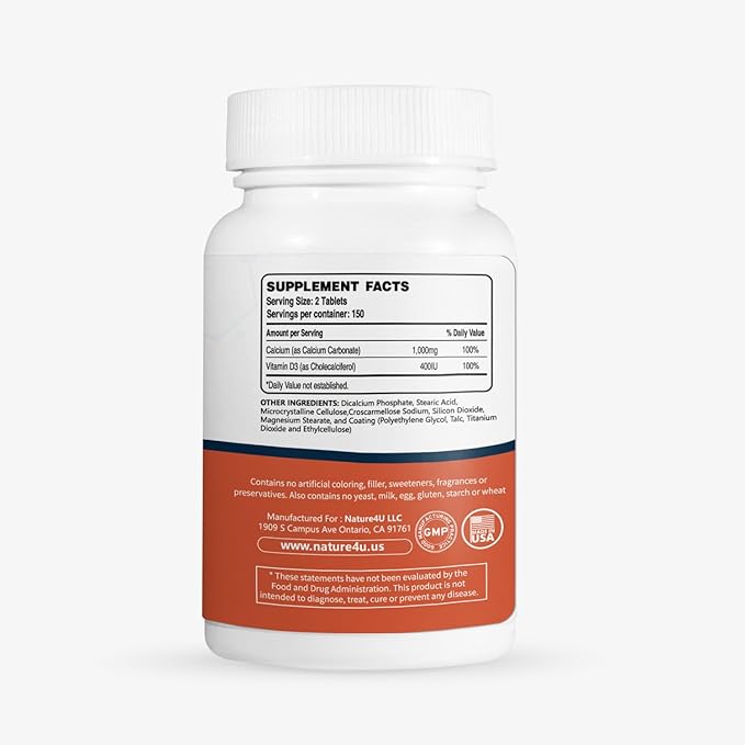 Calcium 1000 mg with Vitamin D3, Bone Health Supplement for Adults, Support Muscel Nerve Health and Calcium Absorption, 300 Tablet