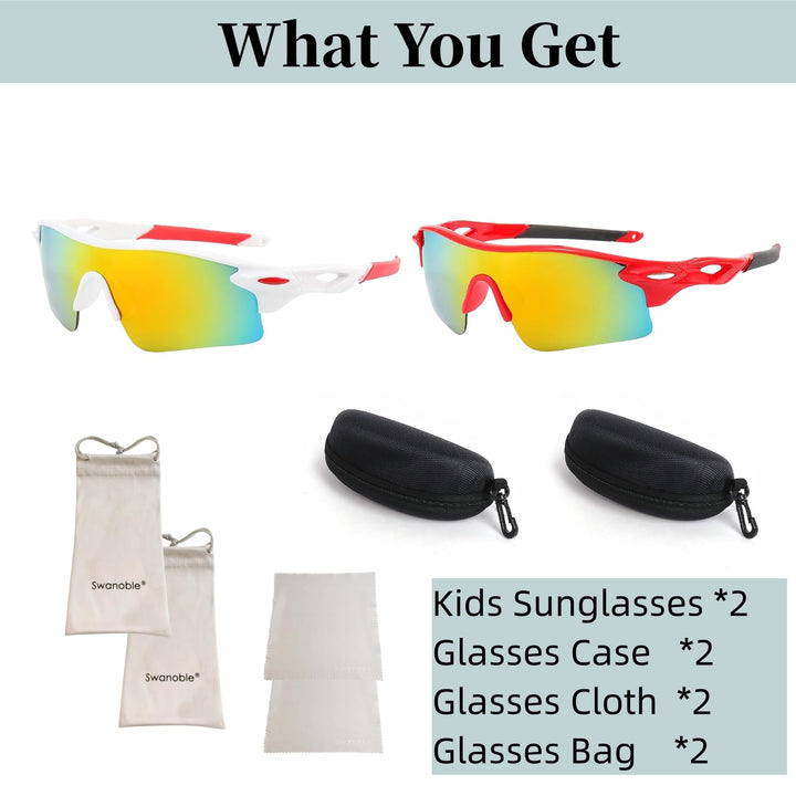 swanoble UV400 2 Sports Sunglasses for Kids Cycling,Light frame Sunglasses for Boys Girls,Youth Softball Baseball Golf (White Red+ Red)