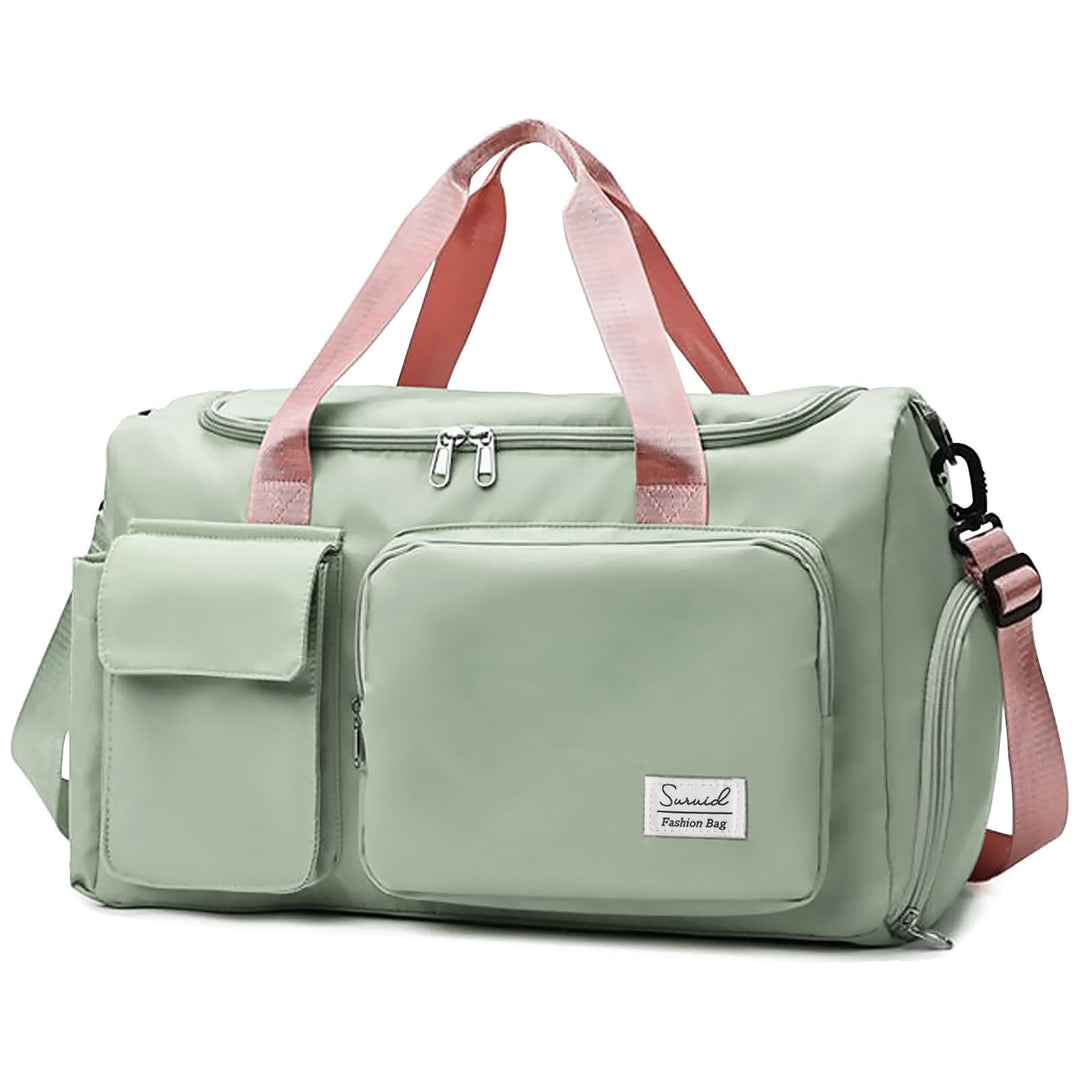 Suruid Travel Duffel Bag with Shoes Compartment Sports Gym Bag with Dry Wet Separated Pocket for Men and Women, Overnight Bag Weekender Bag Training Handbag Yoga Bag - Green Pink