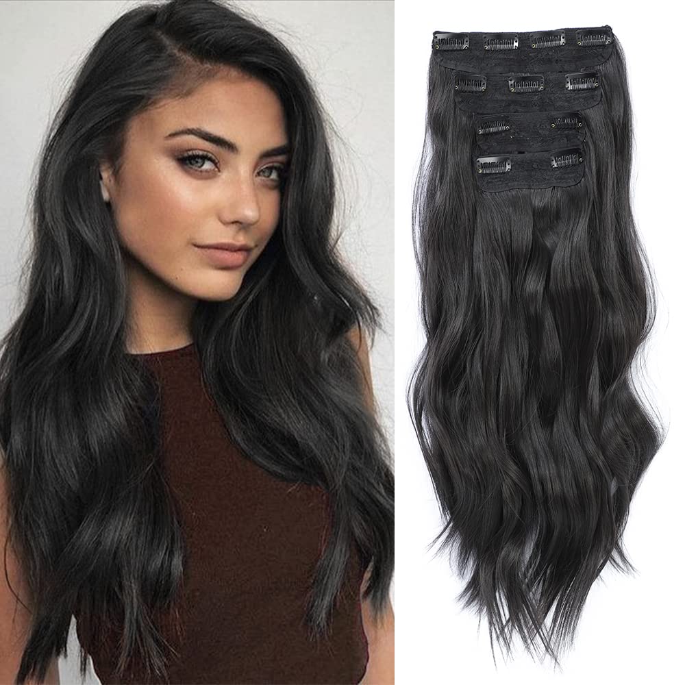 4Pcs Clip In Hair Extensions 20Inch Black Hair Extensions Long Wavy Hair Extensions Clip Ins Synthetic Thick Hair Piece For Wome