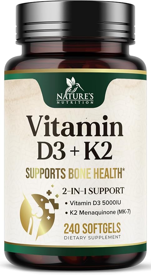 Vitamin D3 K2, 5000 IU Vitamin D3 & 100 mcg Vitamin K2 MK-7 Supplement Supports Immune Health, Bone, Heart & Calcium Absorption - Extra Virgin Olive Oil Softgel, Vitamins D & K Complex - 240 Softgels