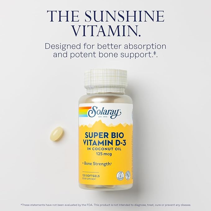 SOLARAY Super Bio Vitamin D3 in Coconut Oil - D3 Vitamin 5000 IU - Bone Health and Immune Support Supplement - Lab Verified, Made Wtihout Soy, 60-Day Guarantee - 120 Softgels, 120 Servings