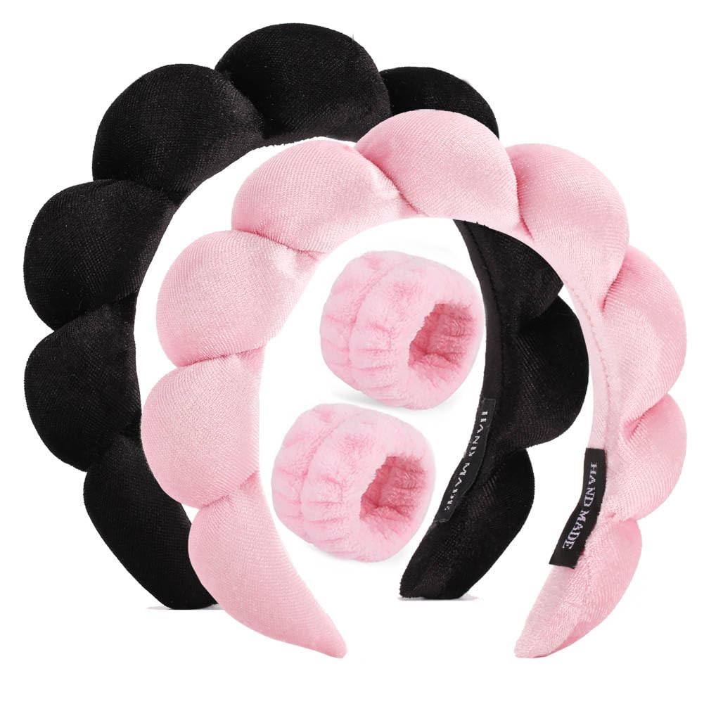 Bebeepoo Velvet Headband Set For Face Washing, Makeup And Skincare - Puffy Headbands With Face Wash Wristbands, Mask And Skin Tr