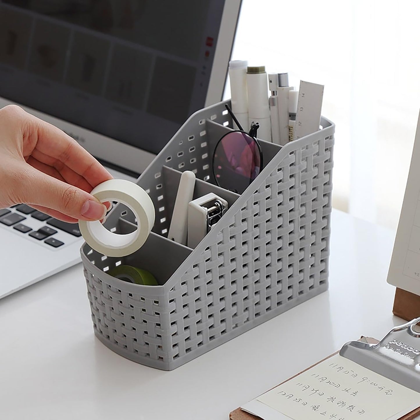 Cobenga 4 Pack Divided Storage Baskets, Grey Cosmetic Box Organiser, Desktop 4 Grid Sub-grid Storage Case, Multi-function Slim Grid Organiser Case For Bathroom Countertop Office Bedroom Home