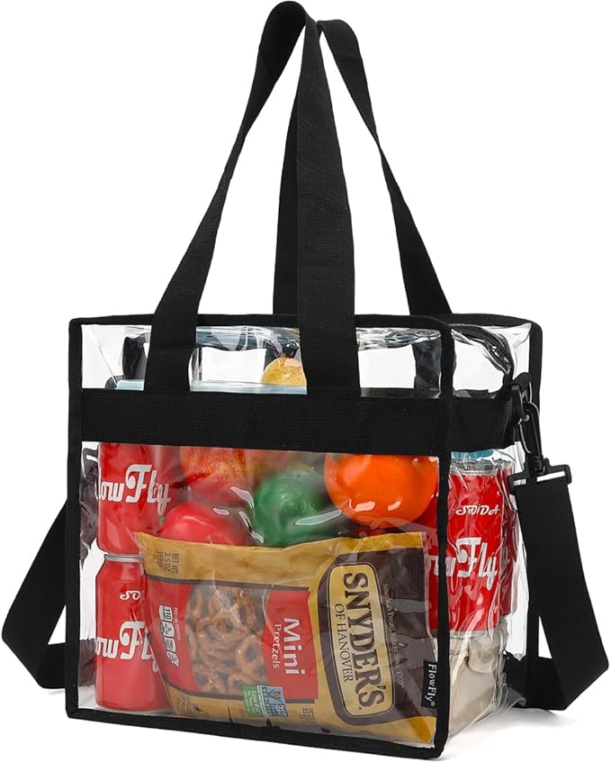 Flowfly Clear Bag Stadium Approved, Clear Beach Lunch Bag for Work Sports Festival - 2 Handles, Adjustable Strap, Zipper Closure, Clear