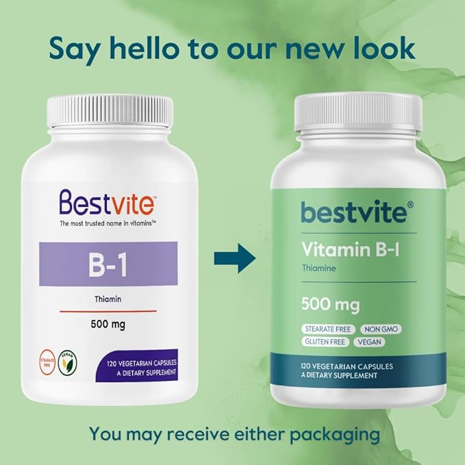 BESTVITE Vitamin B-1 (Thiamin) 500mg (240 Vegetarian Capsules) (2 x120) - No Stearates - Vegan - No Calcium Carbonate - Non GMO - Gluten Free - No Silicon Dioxide