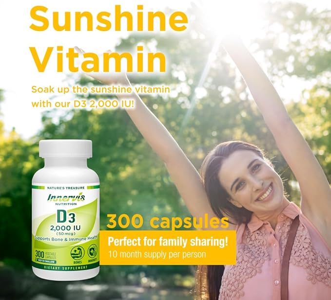 Vitamin D3 2000 IU (50 mcg) 300 Vegetable Capsules Support Healthy Bones Teeth Immune System Supplement