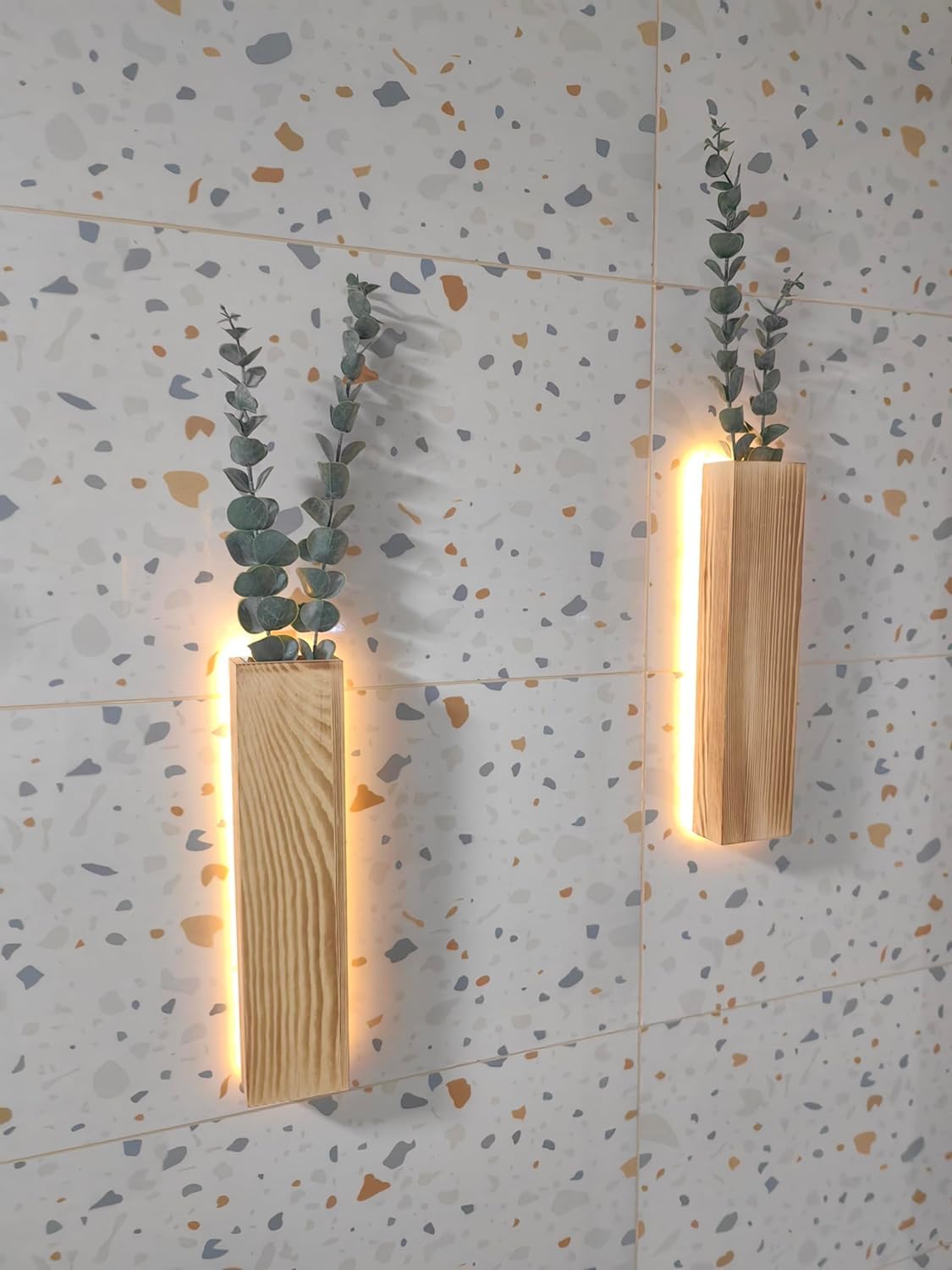 Artificial Eucalyptus with LED Lights Wall Planters Rustic Wall Decor with Lights Wall Sconces Fake Vines for Room Decor Home Bedroom Living Room Bathroom Hanging Vase for Dried Flowers Faux Plants