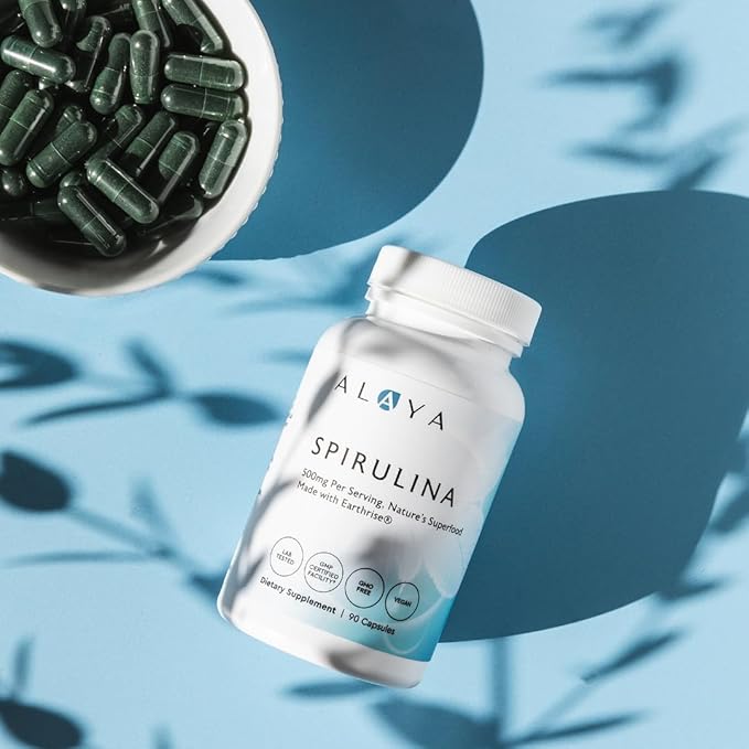 Alaya Naturals - Pure Spirulina Capsules - Made with Earthrise Spirulina, Blue Green Algae Superfood - Non-GMO & Vegan - 500 mg, 90 Capsules