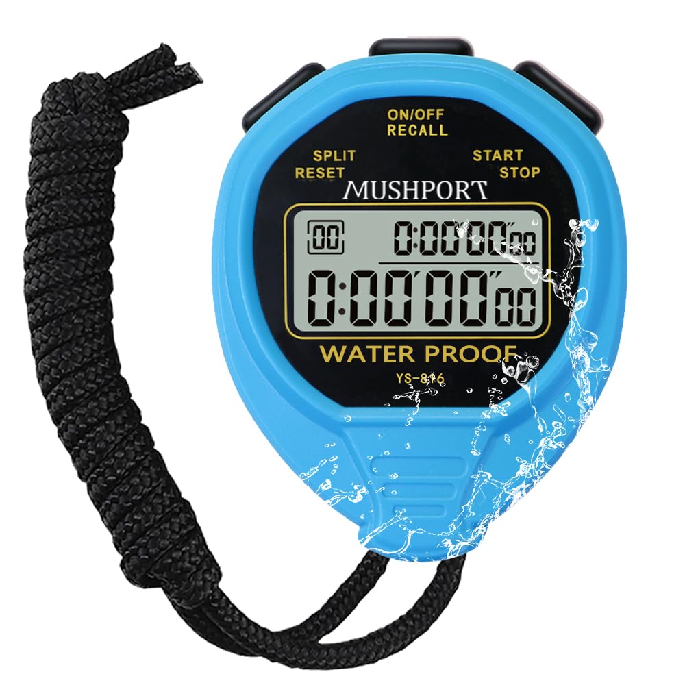 MUSHPORT Waterproof Stopwatch Timer 30 Laps/Splits Recall Memory, Silent Stopwatch Simple Operation Only Stopwatch with ON/Off, Digital Swimming Stop Watch for Sports Running Coaches PE-Teacher