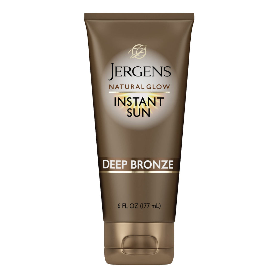Jergens Natural Glow Instant Sun Sunless Tanning Moisturizer + Bronzer, Self Tanner, Deep Bronze, for Natural-Looking Tan, 6 Oun