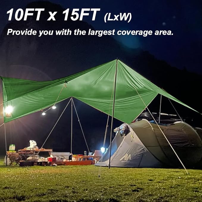 Camping Tarp with Poles - AYAMAYA Large Size 10x15 FT Tent Tarps - Waterproof Hammock Awnings Canopy Rain Fly Picnic Mat Survival Shelter for Backpacking Hiking Beach Sun Shade with Stakes & Guylines