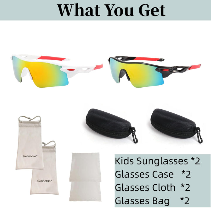 swanoble UV400 2 Sports Sunglasses for Kids Cycling,Light frame Sunglasses for Boys Girls,Youth Softball Baseball Golf (Black Red+White Red)