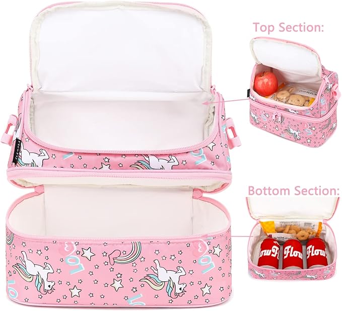 FlowFly Double Decker Cooler Insulated Lunch Bag Large Tote for Boys, Girls, Men, Women, With Adjustable Strap (Red-Unicorn)