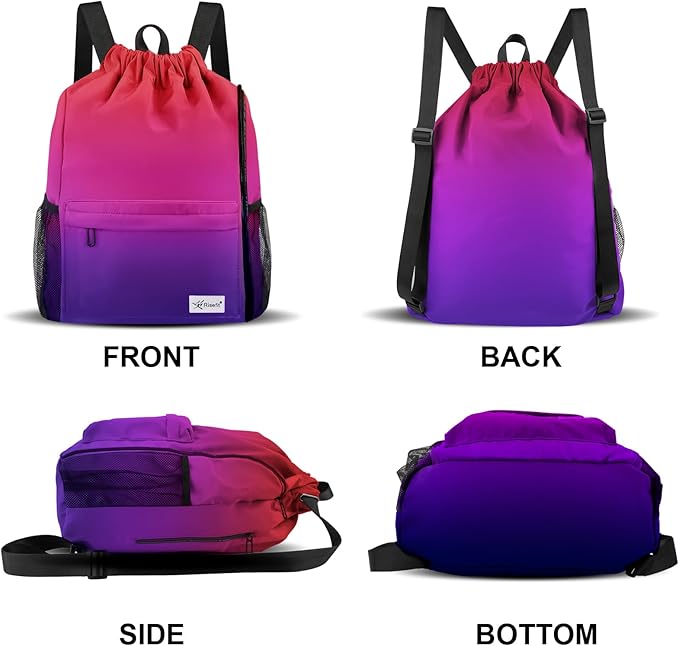 Drawstring Backpack with Mesh Pockets String Gym Bag Sackpack Sandproof Water Resistant Beach Backpack for Men Women