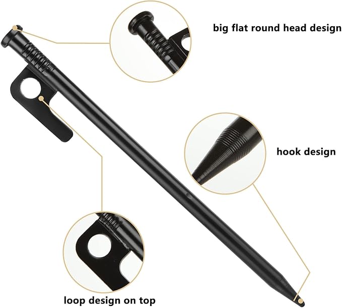 12 Pack Tent Stakes Heavy Duty, Multiuse Forged Steel Tent Pegs, 8 inch Metal Camping Ground Stakes, Unbreakable and Inflexible, Available in Rocky Place Dessert Snowfield and Grassland (Black)
