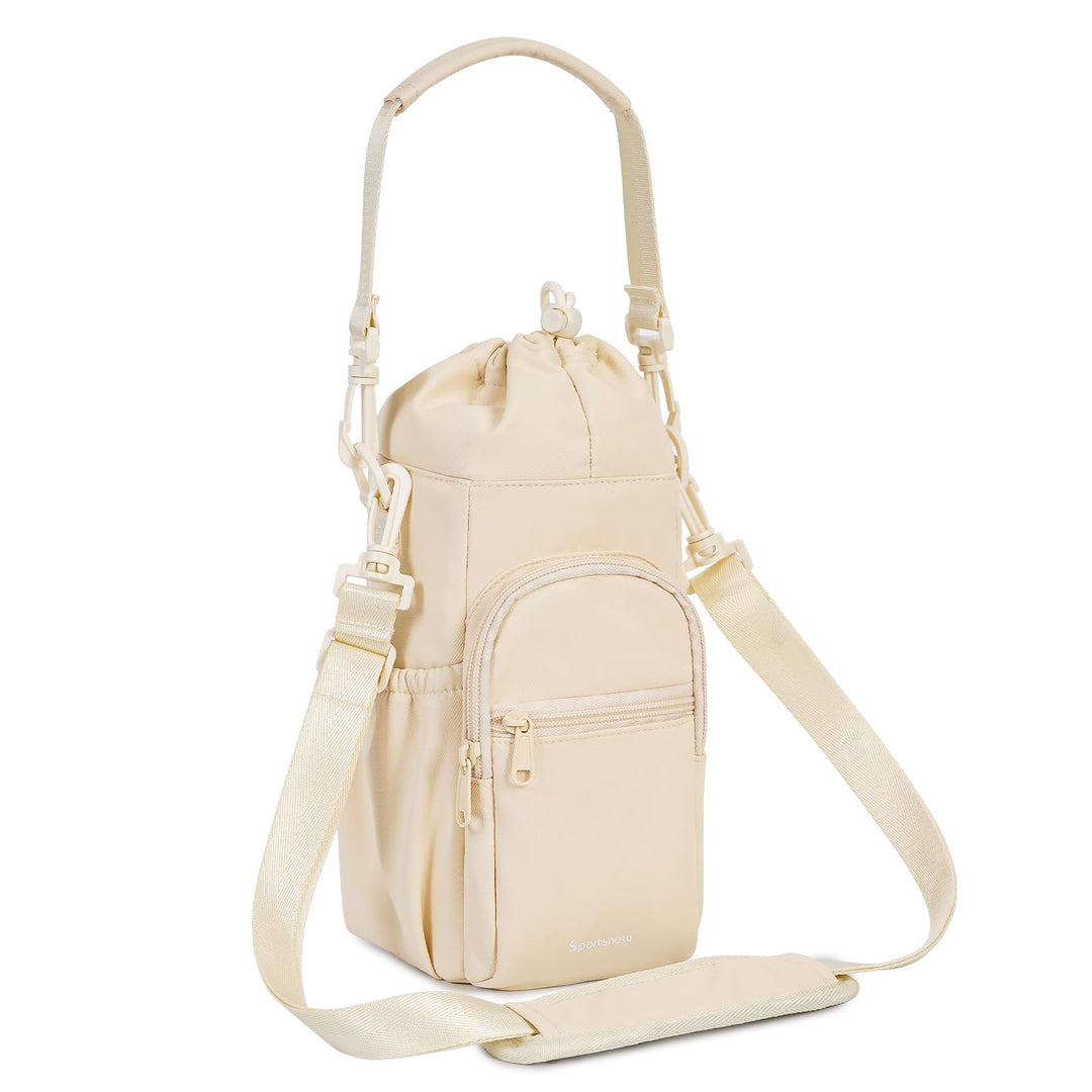 sportsnew Water Bottle Holder with Strap 32oz 40oz Insulated Water Bottle Carrier Sling Bag with Phone Pocket Water Bottle Sleeve for Walking Hiking, Beige, Patent Pending