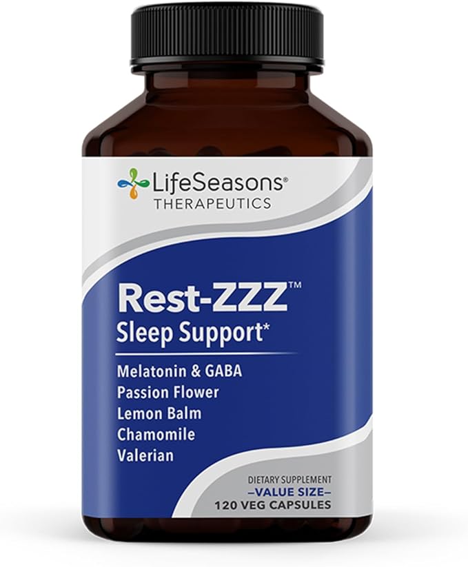 LifeSeasons Rest-ZZZ - Natural Sleep Support Supplement - Fall Asleep & Stay Asleep - Calms Nervous System - Ease Muscle Tension & Restlessness - Low Dose Melatonin GABA & Chamomile - 120 Capsules