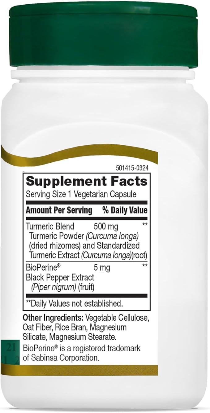 21st Century Turmeric 500 mg Plus Black Pepper Extract Vegetarian Capsules, 60 Count