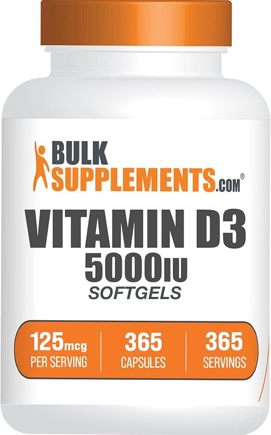 BulkSupplements.com Vitamin D3 5000IU Softgels - Cholecalciferol, D3 Supplement, Vitamin D 5000 IU - 1 Vitamin D3 Softgel (125mcg of Vitamin D) per Serving, 365 Count (Pack of 1)
